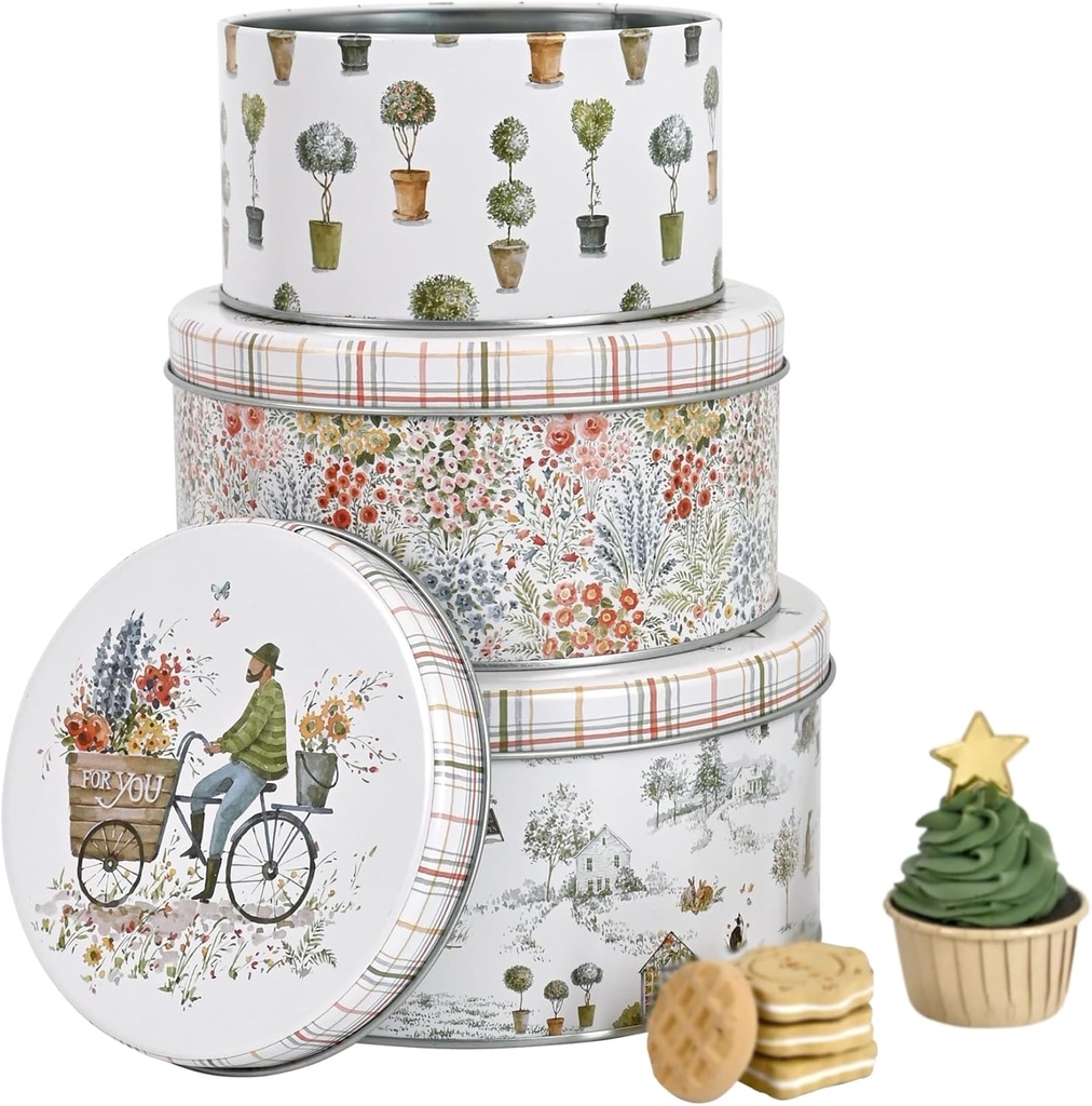 Metal Cookie Tin with Lid For Gift Giving Vintage Design Set of 3 Small Medium Large Gift idea for Storing Patisseries, Snack, Chocolate, Easter, Special Occasion, Holidays Doesn't Seal