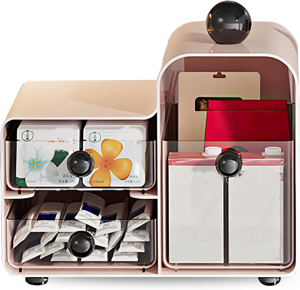 3-Drawer Tea Bag Organizer Box, Compact Tea Storage Chest for Kitchen, Pantry, Countertop, Cute and Stylish Holder in Cream White and Cherry Pink (Cherry Blossom Pink)