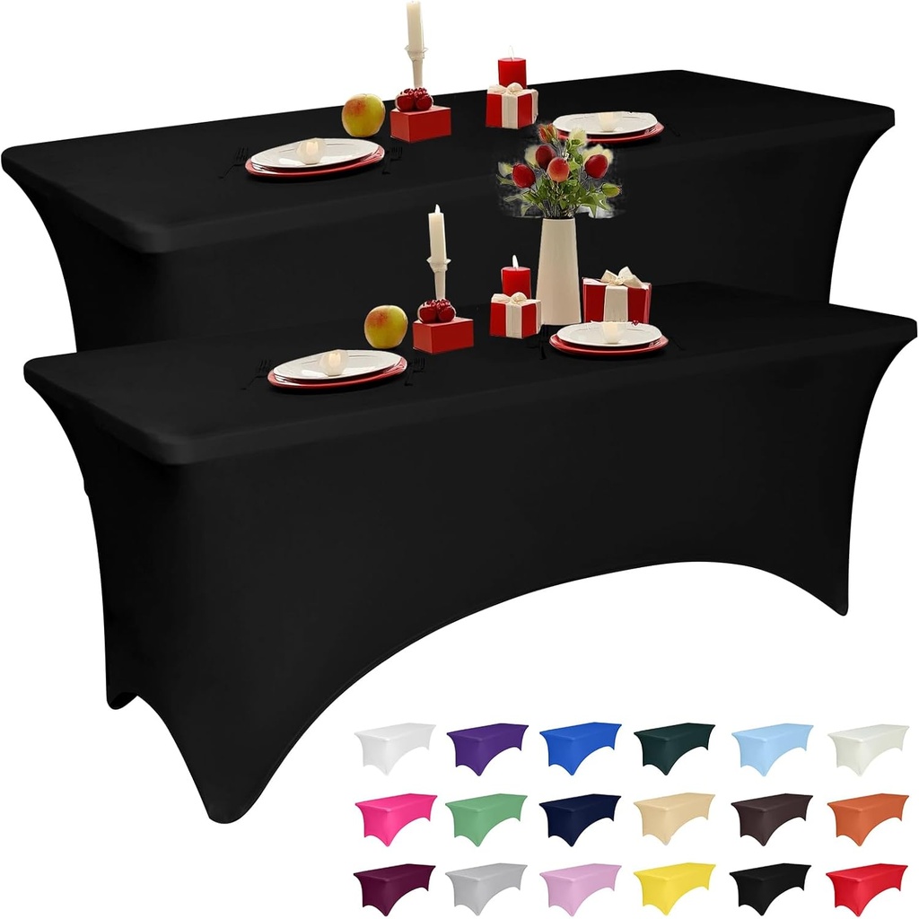 2 Pack 6 Feet Black Spandex Tablecloth for Rectangular Tables, Fitted & Stretch, Washable, Wrinkle Resistant, Perfect for Event, Wedding, Party, Banquet, Cocktail, Festival, and Table Protector