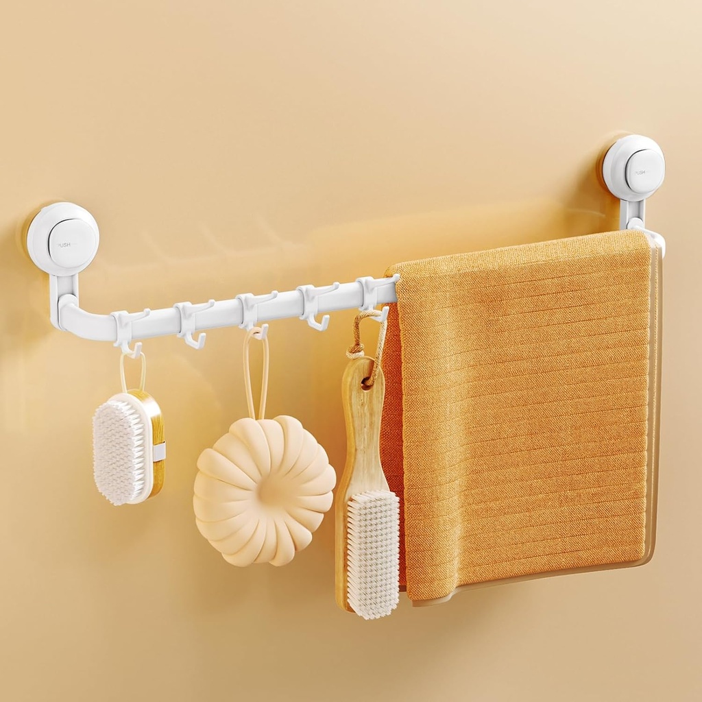 Avolare Suction Cup Towel Bar, Adjustable 24 Inches Adhesive Towel Holder for Bathroom, No Drill Wall Mounted Towel Rack with 5 Sliding Hooks, White Towel Shelf for Kitchen, Toilet, Shower, Door