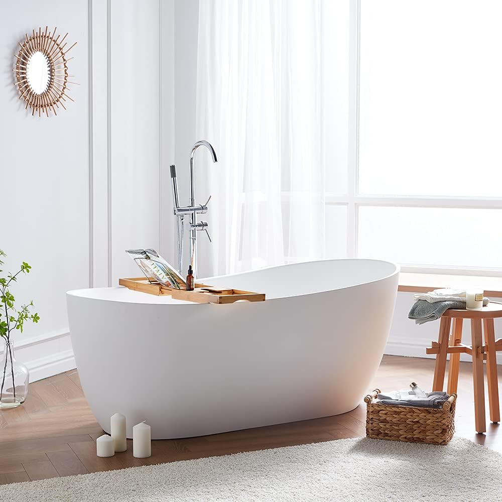 Cpingao (66.9"Lx31.5"Wx25.1"T) Matte White Stone Resin Solid Surface Freestanding Bathtub, Modern Stand Alone Soaking Tub with Overflow and Pop Up Drain,One-Piece Molding 8828