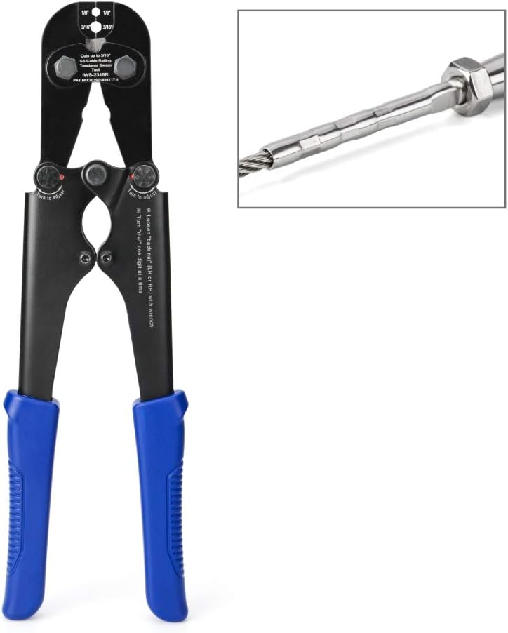 iCrimp Wire Rope Crimper for Cable Railing Swage applications, 1/8”&3/16” Single Strand Stainless Steel Tensioner Swage with Cutting Function for upto 3/16” Wire Rope IWS-2316R