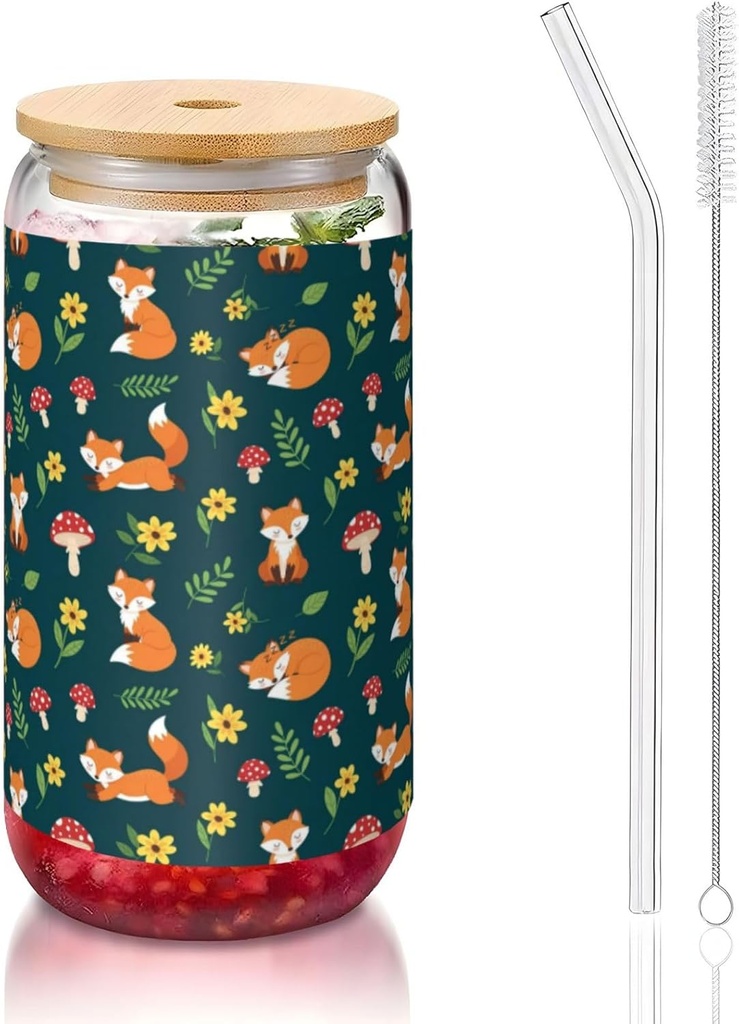 16oz Glass Tumbler with Bamboo Lids Straws, Summer Leaves Flowers Floral Foxes, Iced Coffee Cup for Women, Reusable Smoothie Tea Glass, Birthday