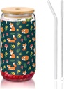 16oz Glass Tumbler with Bamboo Lids Straws, Summer Leaves Flowers Floral Foxes, Iced Coffee Cup for Women, Reusable Smoothie Tea Glass, Birthday