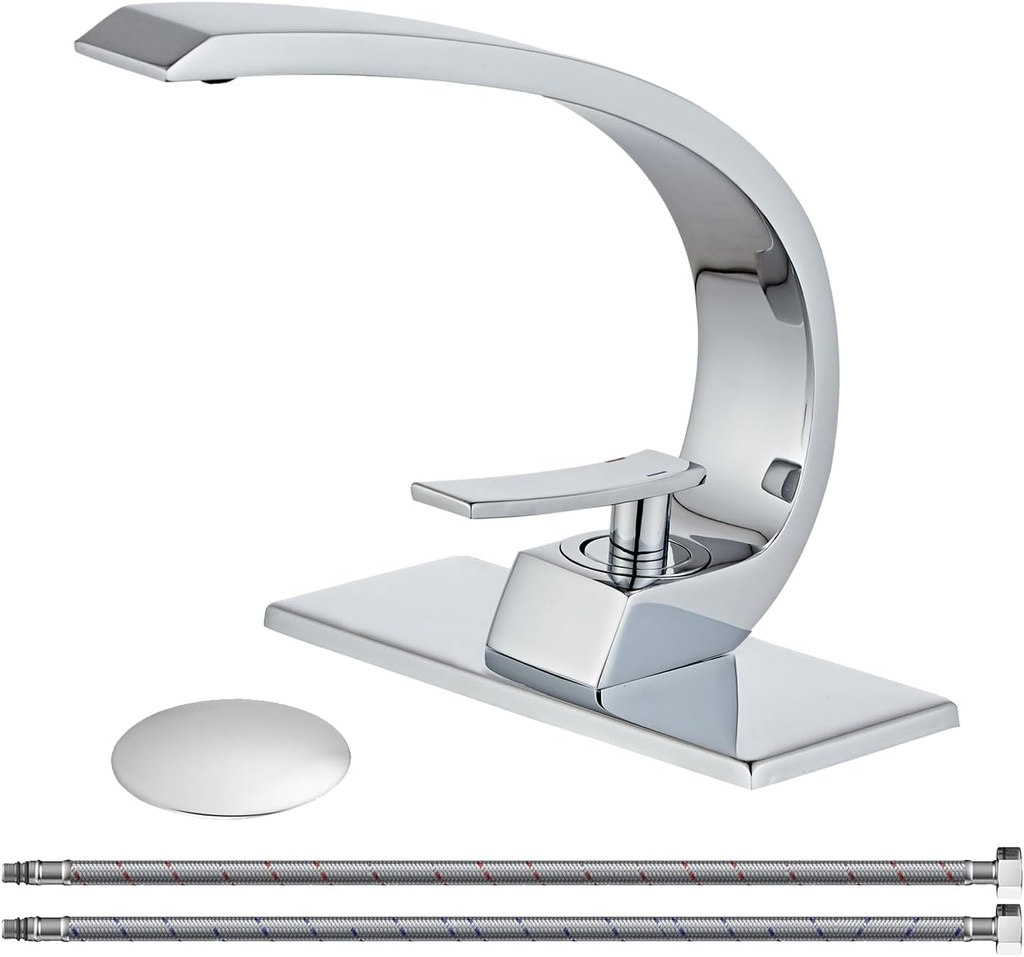 Wovier Chrome Bathroom Sink Faucet,Unique Design Single Handle Single Hole Brass Lavatory Vanity Faucet,Basin Mixer Tap with Supply Hose and Pop Up Drain Assembly