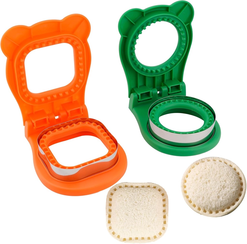 2 PCS Sandwich Cutter and Sealer, Funny Uncrustable Sandwich Cutter Sandwich Crimper Bread Mold Pie Maker for Peanut Butter and Jelly Sandwiches in Lanch Box (Square Orange and Round Green)