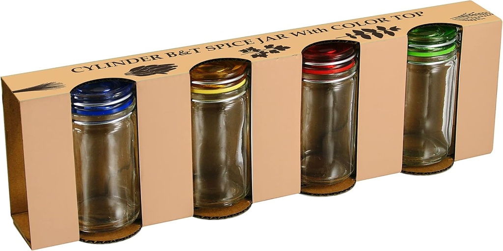 Grant Howard Cylinder Spice Jars with Color Airtight Hinged Lid, 4 Sets 3 Ounces, Glass Food Storage Canning Container, Clear