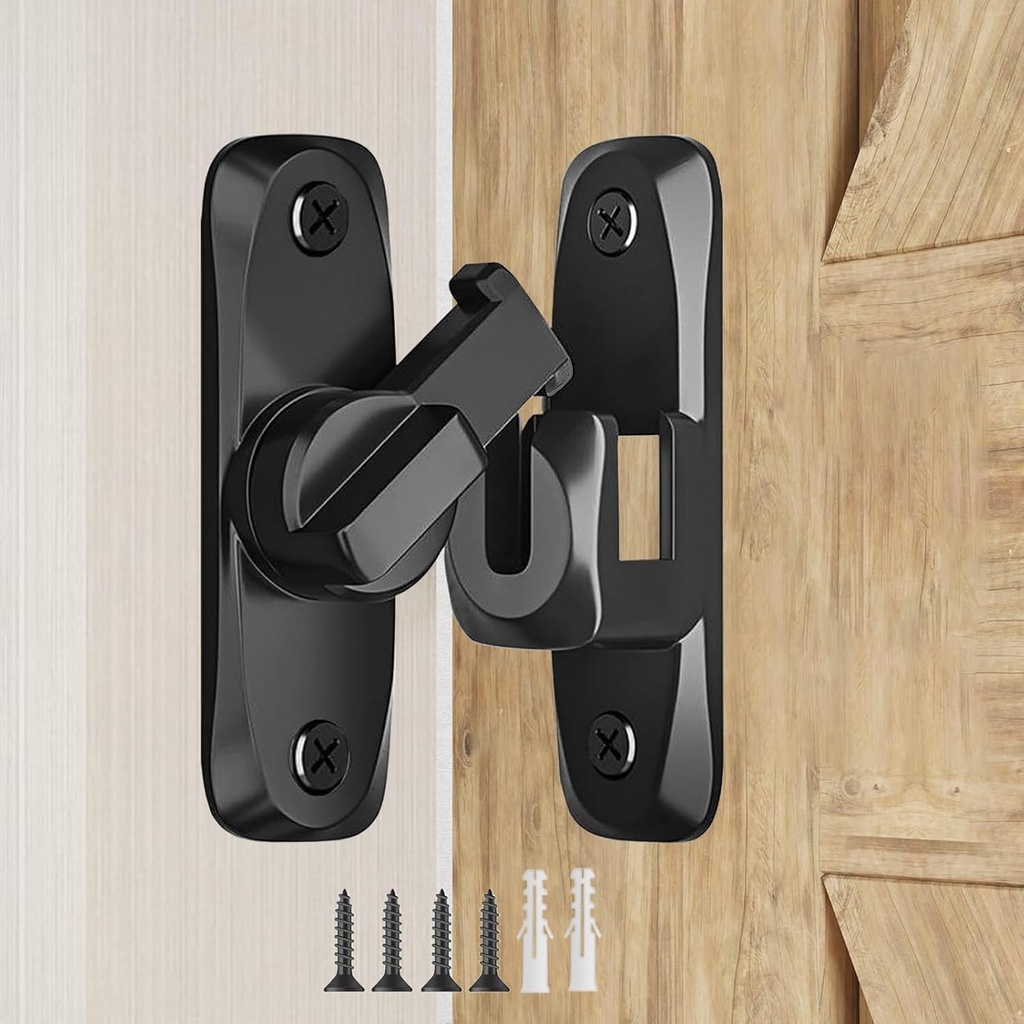 Barn Door Lock, 90/180 Degree Gate Latches, Zinc Alloy Right Angle Door Lock Latch, Barn Door Hasp Latch for Push/Sliding/Barn Door (1 Black)
