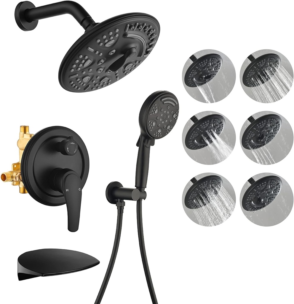 SHAMANDA Luxury Tub Shower Faucet Set with Round-in Valve, Wall Mounted Shower System with Waterfall Tub Spout and 6-Setting Rain Shower Head with 9-Setting Handheld, Matte Black, L8083-7