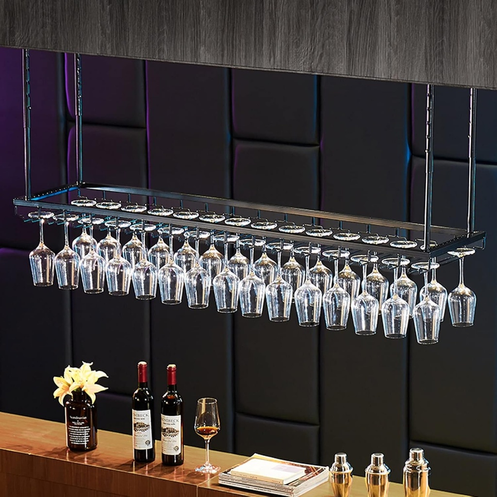 Adjustable Hanging Wine Bottle Rack with Glass Holder for Bars and Kitchens Black Ceiling Mounted Bar Unit for Wine Storage and Decoration 80cmx35cm