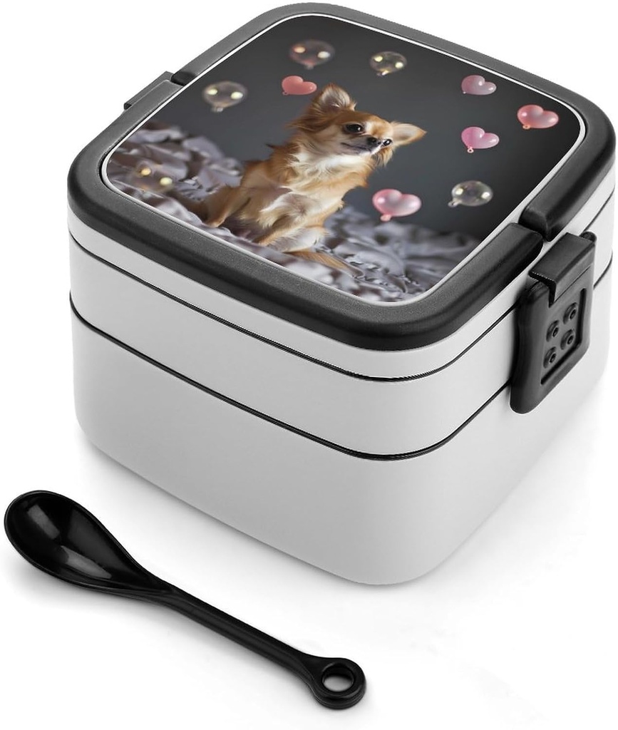 Chihuahua with Hearts Bubbles Bento Box Double Layer Lunch Box Lunch Containers with Spoon For Work Picnic