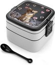 Chihuahua with Hearts Bubbles Bento Box Double Layer Lunch Box Lunch Containers with Spoon For Work Picnic
