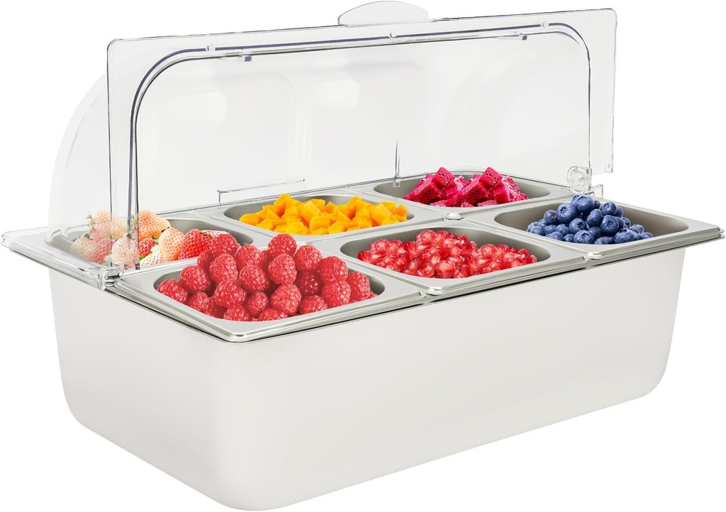 Ice Food Serving Display Tray with Clear Roll Top Cover 6 Pan Countertop Stainless Steel Food Serving Tray Buffet Condiment Dispenser for Restaurant Hotel Kitchen Party