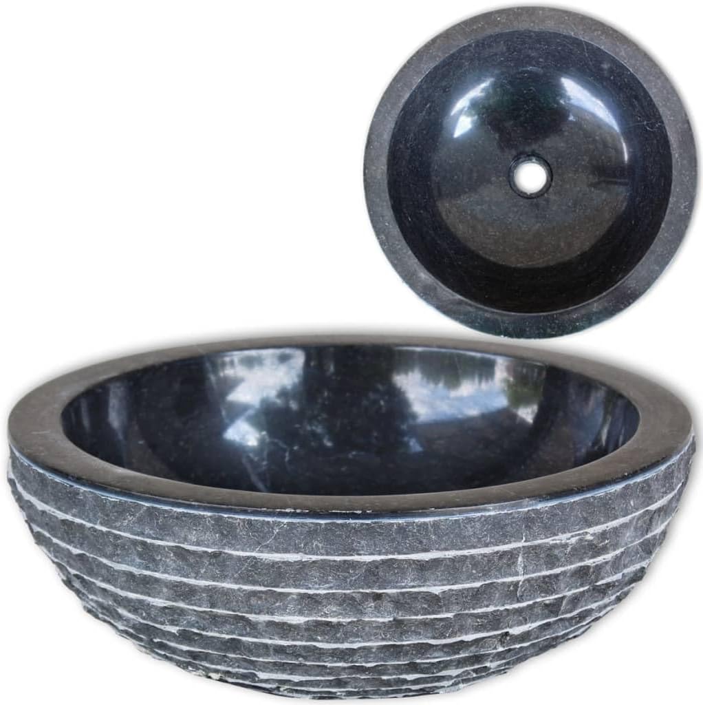 vidaXL Marble Wash Basin 40 cm Black Natural Stone Wash Basin Bathroom