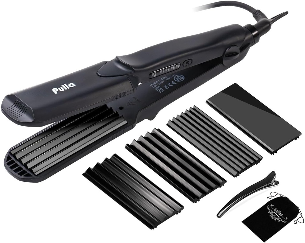 Pulla Hair Straightener and Crimper - 4 in 1 Tourmaline Ceramic Flat and Curling Iron for Hair Styling with Adjustable Temperature - Salon High Heat 320°F - 430°F for All Hair Types