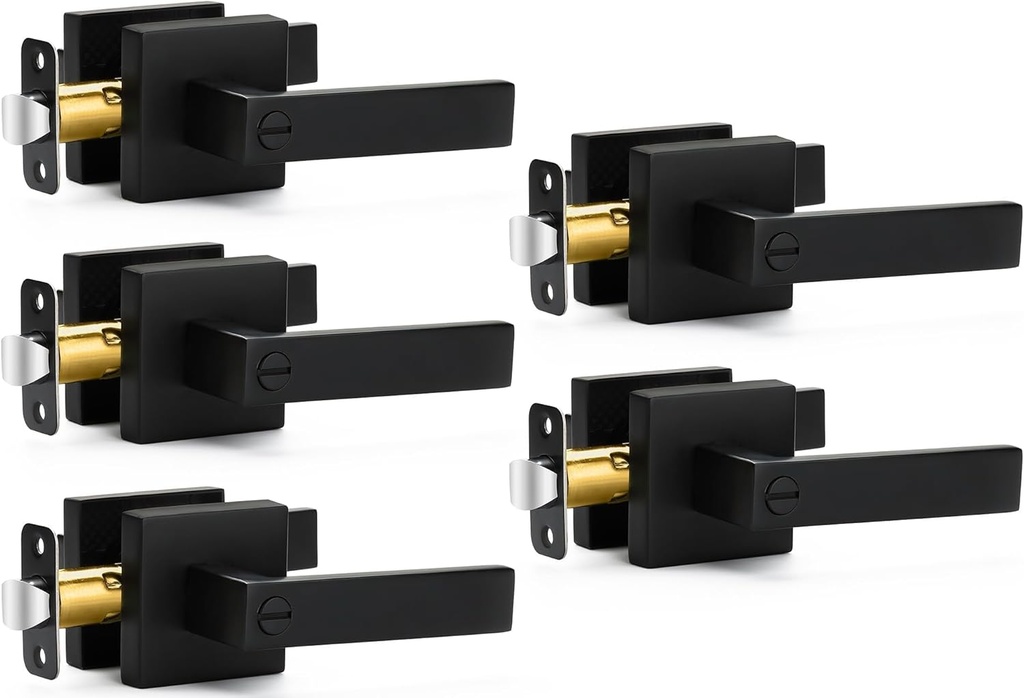 5 Pack Matte Black Door Handles Privacy Door Levers, Heavy Duty Bed and Bath Door Locks Interior Door Knobs, Reversible Keyless Flat Levers with Square Rosette