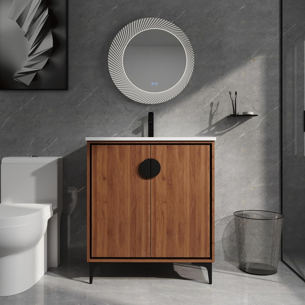 30'' Freestanding Bathroom Vanity, Bathroom Sink Vanity with Soft Doors, Storage Engineered Wood Bathroom Sink Cabinet, Ceramic Single Basin, Double Doors, Brown