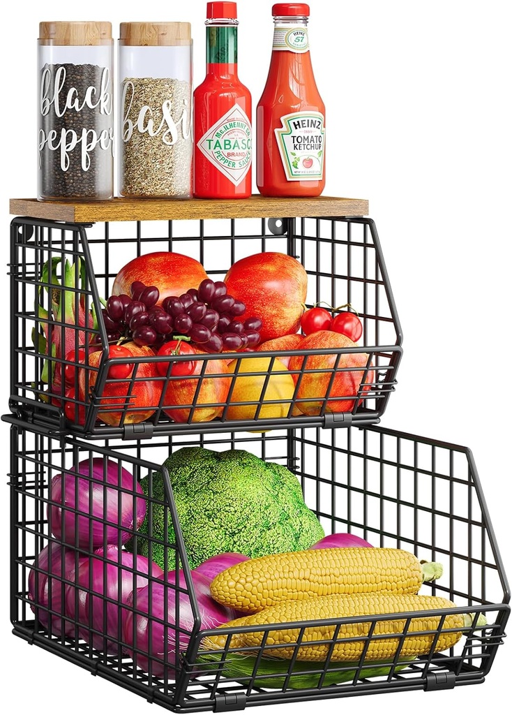 X-cosrack 2-Tier Stackable Wire Baskets with Wood Lids, Fruit Basket for Kitchen Counter, Wall-mounted Baskets for Potato and Onion Storage, Metal Baskets for Snack Produce Cans