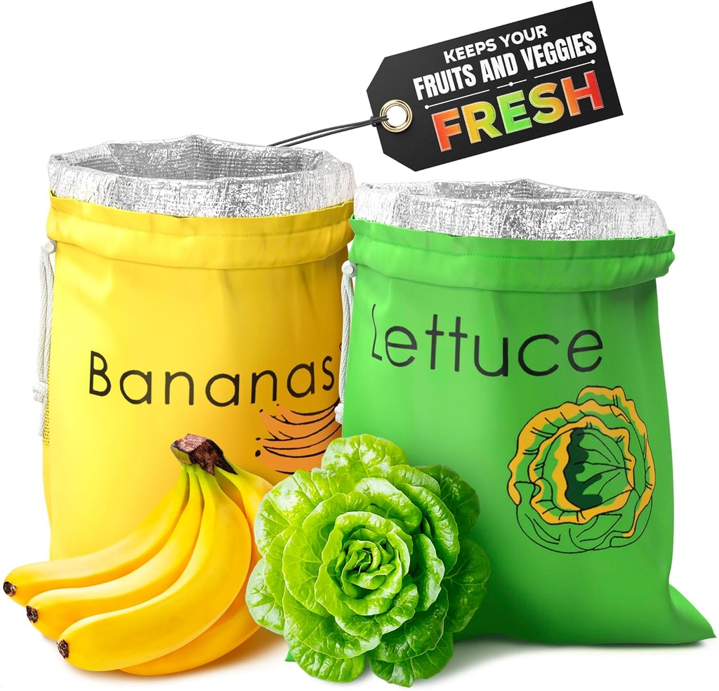 Banana & Lettuce Fresh Reusable Produce Bags – Vegetable & Fruit Storage Bags with Foil Lining for Freshness, Freezer & Refrigerator Safe