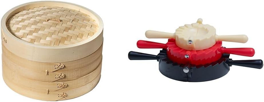 Joyce Chen 10-inch 2-Tier Bamboo Steamer Basket + Joyce Chen 3-Piece Dumpling Maker Dumpling Press and Sealer Kit
