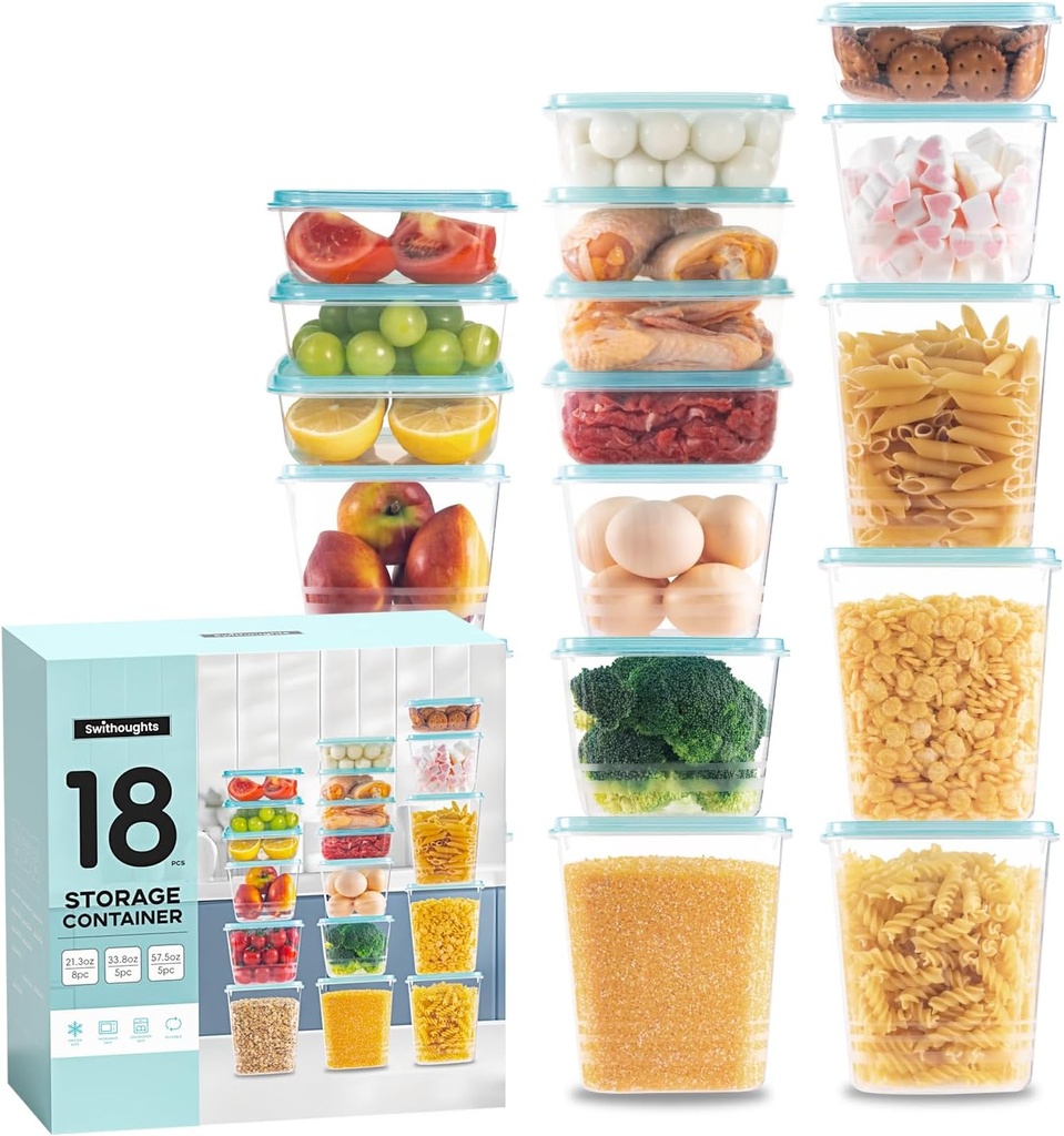18-Piece Plastic Food Storage Container Set, Airtight Reusable BPA-Free Organization Canisters - Leakproof, Microwave, Dishwasher & Freezer Safe, Clear Square Box with Mint Green Lids