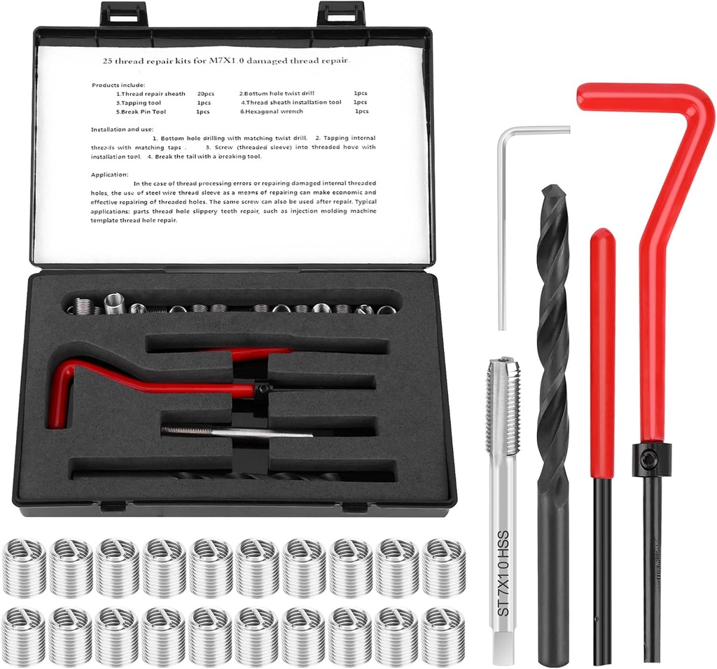 25Pcs M7x1 Thread Repair Kit Stainless Steel Twisted Drill Wrench Threaded Insert Tap Insertion Tool