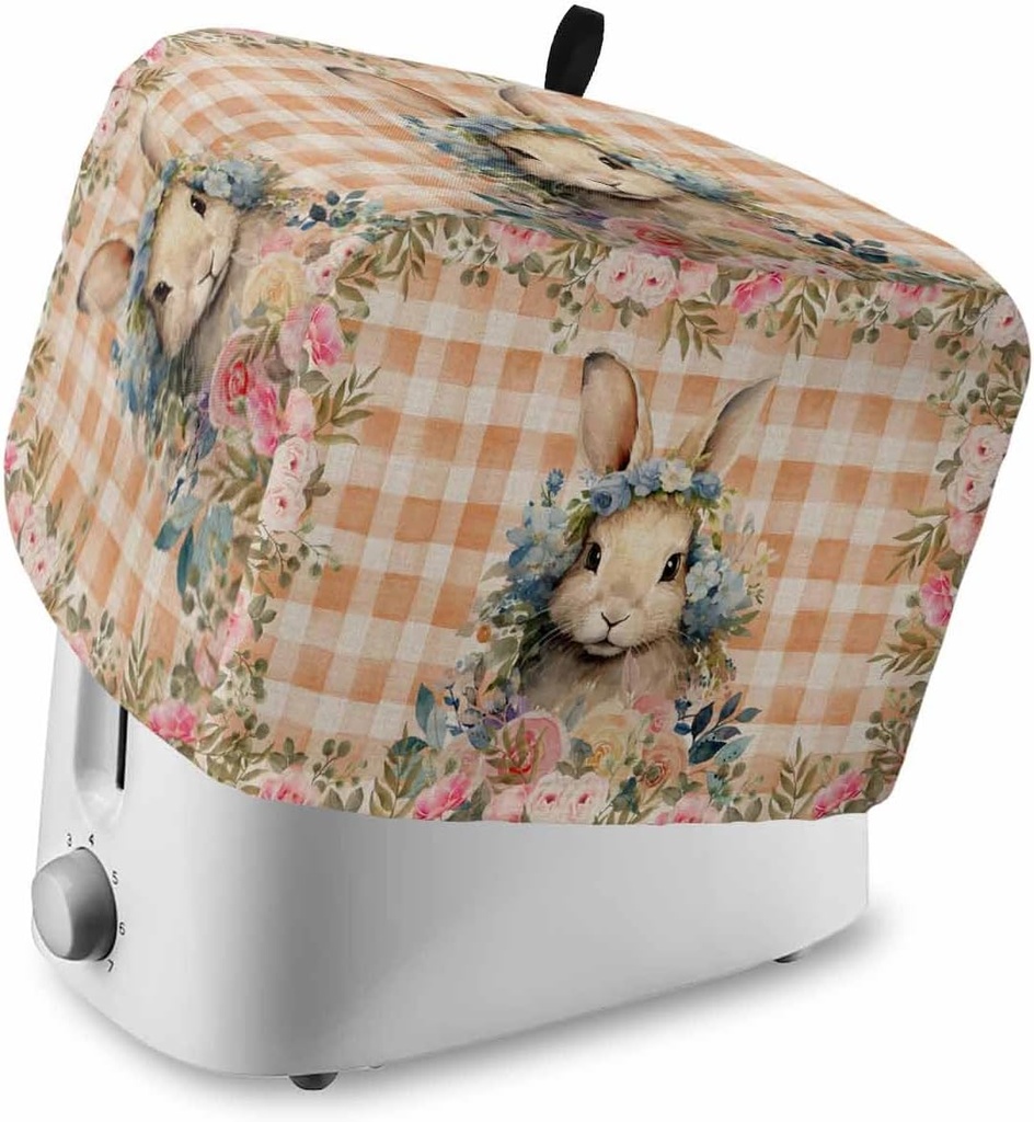 Toaster Covers 2 Slice, Easter Bunny Rabbits with Wreath Pink Flowers Orange Plaid Linen Toaster Cover with Pocket, Dustproof Bread Machine Protector for Kitchen Small Appliance Fingerprint Protection