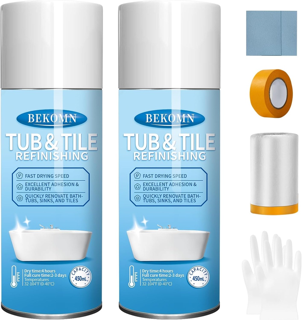 Tub and Tile Spray Paint White,450ml (2 Pack),Aerosol Bathtub Refinishing Kit for Porcelain Ceramic Fiberglass, DIY Resurfacing Bathroom Tile Sink Countertop