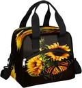 Butterfly Sunflower Black Lunch Bag for Women Nature Themed Insulated Lunch Box for Office Reusable Lunch Cooler Bag with Adjustable Strap for Work Women