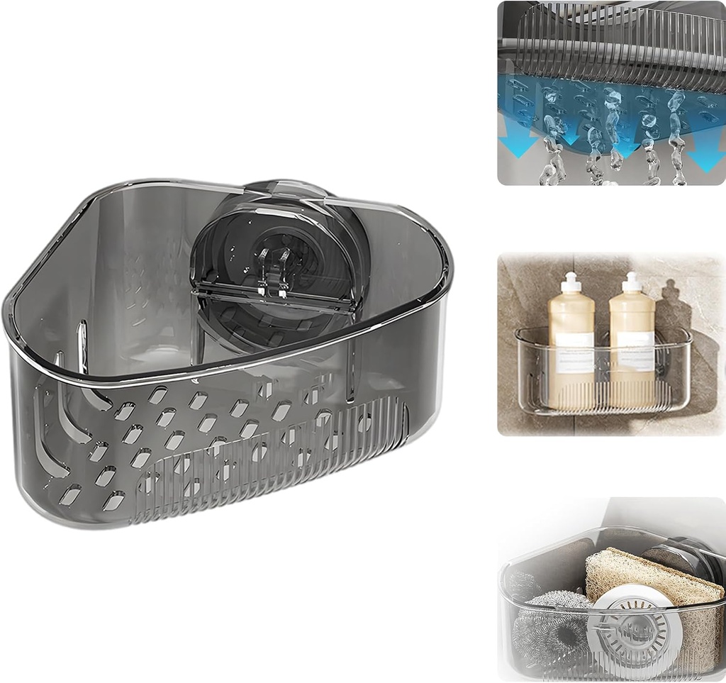Moonboat Suction Cup Sink Corner Rack, 2025 New Upgraded Suction Sink Drainer Basket, Triangular Sinks Basket Shelf for Corner Hanging, for Kitchen & Bathroom & Dishware (Black-1PC)