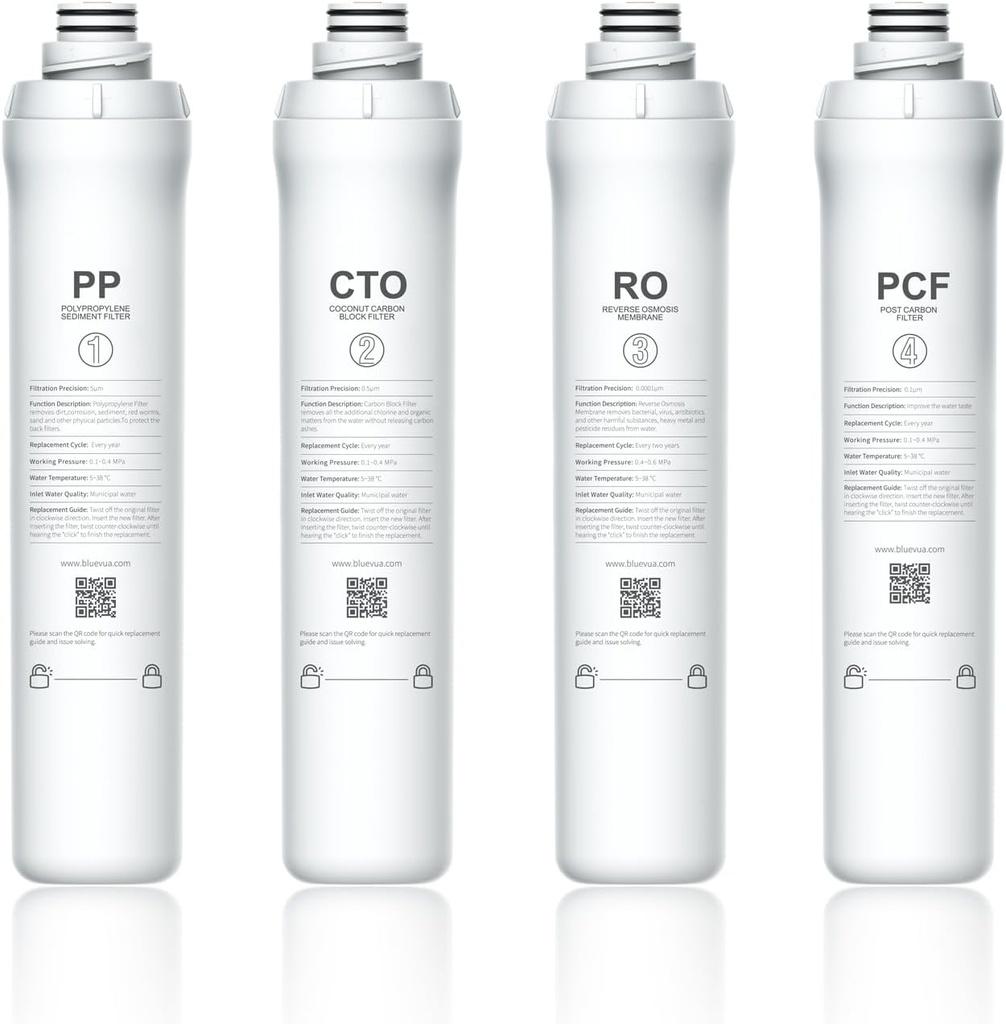 Bluevua RO100ROPOT 4-Pack Replacement Filter Set, Pack of 4 Filters: 1 PP, 1 CTO, 1 RO, 1 PCF