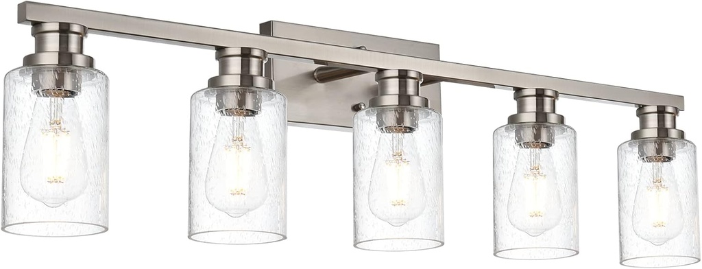 VINLUZ Brushed Nickel 5 Light Vanity Lights for Bathroom Indoor Metal Wall Light Fixture Over Mirror with Seeded Glass Shade Lighting Fixture (Bulb Not Included)