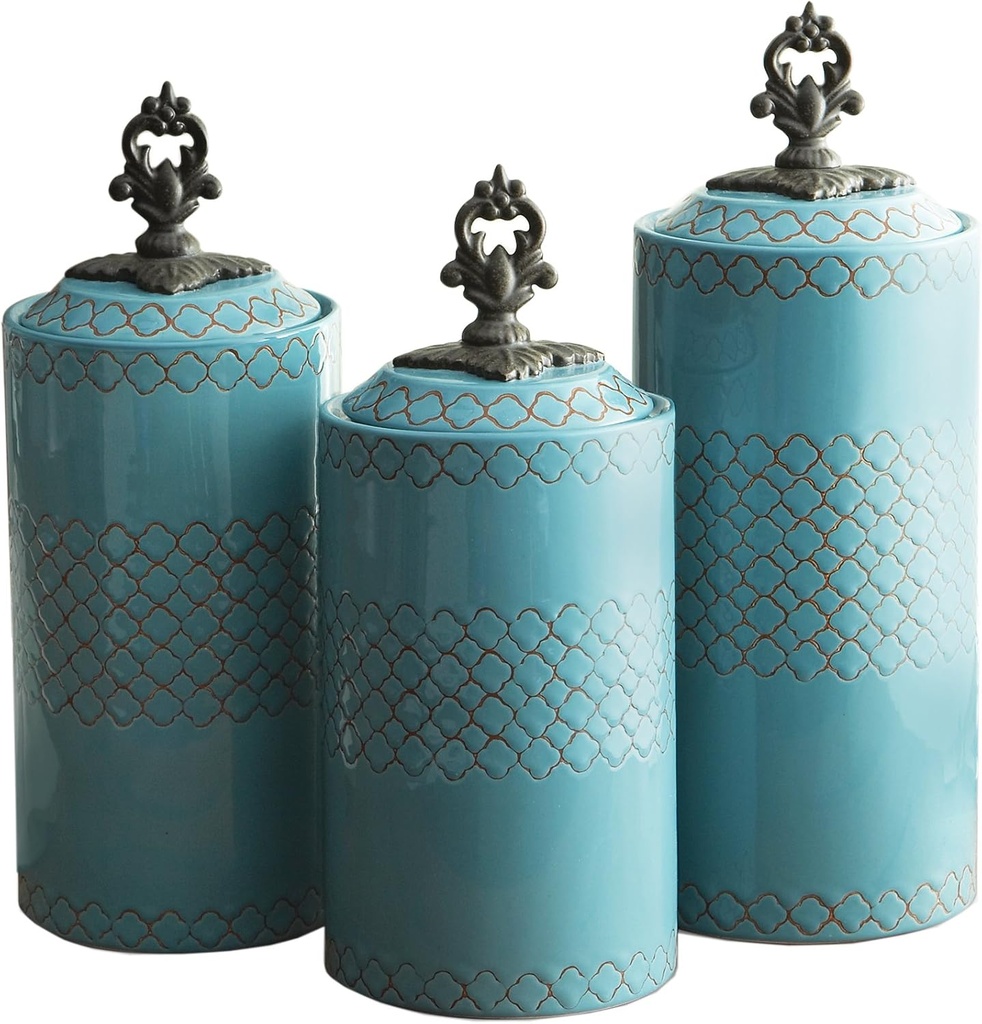 American Atelier Blue Canister Set 3-Piece Ceramic Jars in Chic Design w/Airtight Stainless Steel Lids for Cookies, Candy, Coffee, Flour, Sugar, Rice, Pasta, Cereal & More