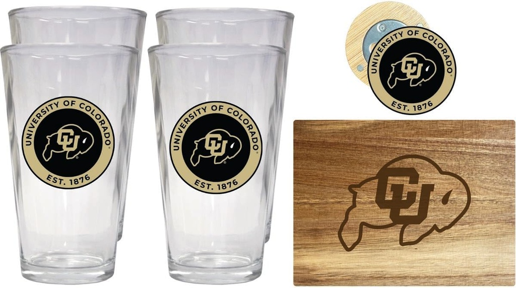 R and R Imports Colorado Buffaloes Officially Licensed Kitchen Pack - Wood Cutting Board, 4 Pint Glasses & Magnetic Bottle Opener