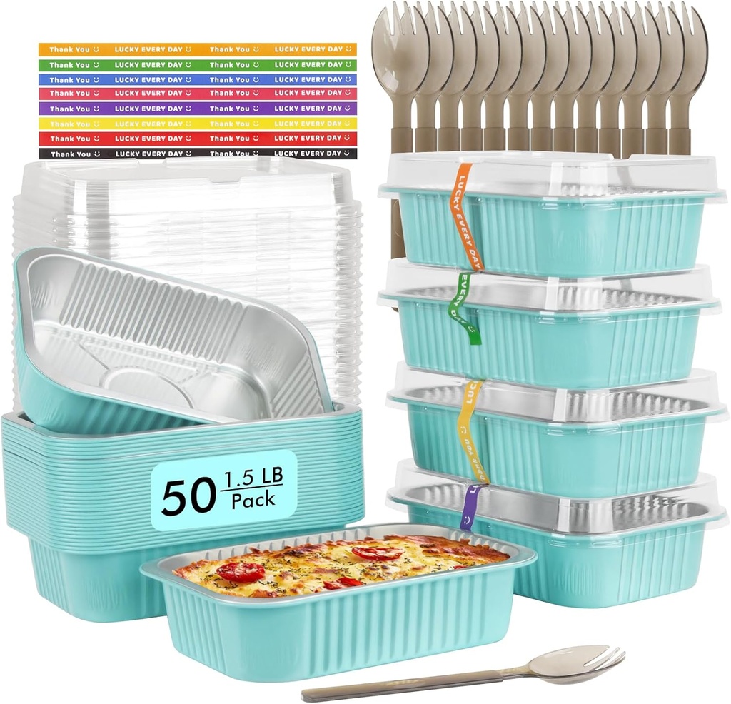 LNYZQUS 50 Pack 1.5lb Small Baking Pans with Lids, 7” x 5” Aluminum Foil Containers Individual Cake Tins,24oz Heavy Duty Takeout Leftover Containers Meal Prep Holders Boxes for Oven-Blue