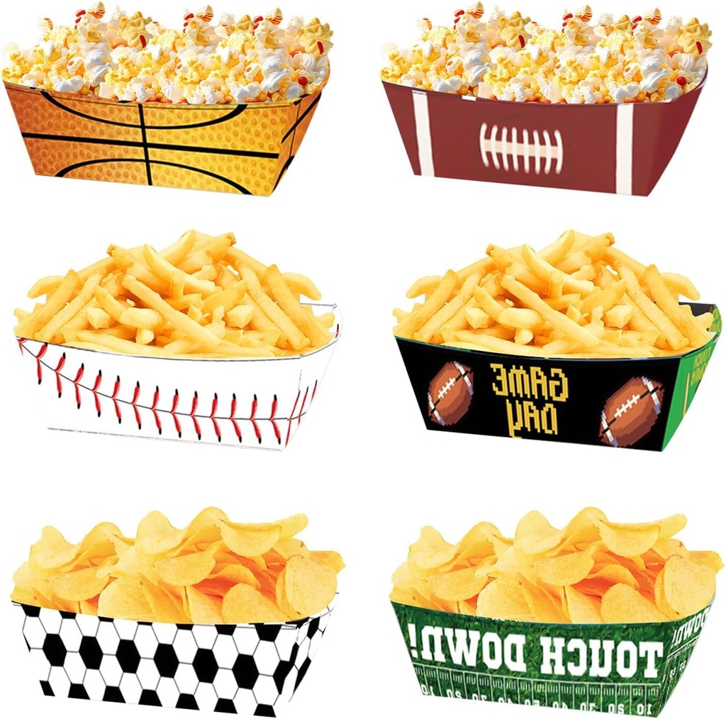 36Pcs Sports Themed Party Paper Food Trays, 5.5 x 3.1 x 1.7 Inches,Sports Themed Birthday Party Supplies, Football Baseball Basketball Rugby Party Decorations,Chips Popcorn Snack Boxes
