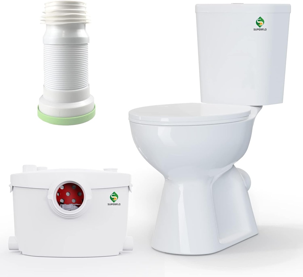 SUPERFLO 600W Upflush Toilet for Basement Macerating Toilet System | Silent & Power Tall Toilet Bowl with Tank & Macerator Pump for Sink, Toilet & Bathtub