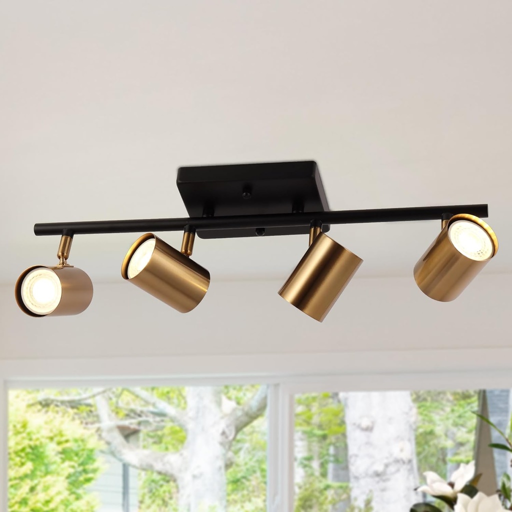 4 Light Complete Track Lighting Kit, Black Gold LED Ceiling Spotlight Fixture, Mid-Century Modern Kitchen Track Lights with Adjustable Heads