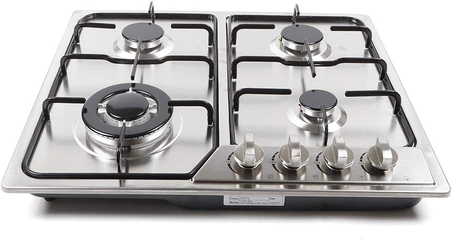 4-Burner Gas Stove Top, Stainless Steel Pulsed Ignition Gas Stove with NG/LPG Conversion Kit Built-In Gas Cooktop, Thermocouple Protection for Homes Restaurants(L 22.83" x W 19.68")