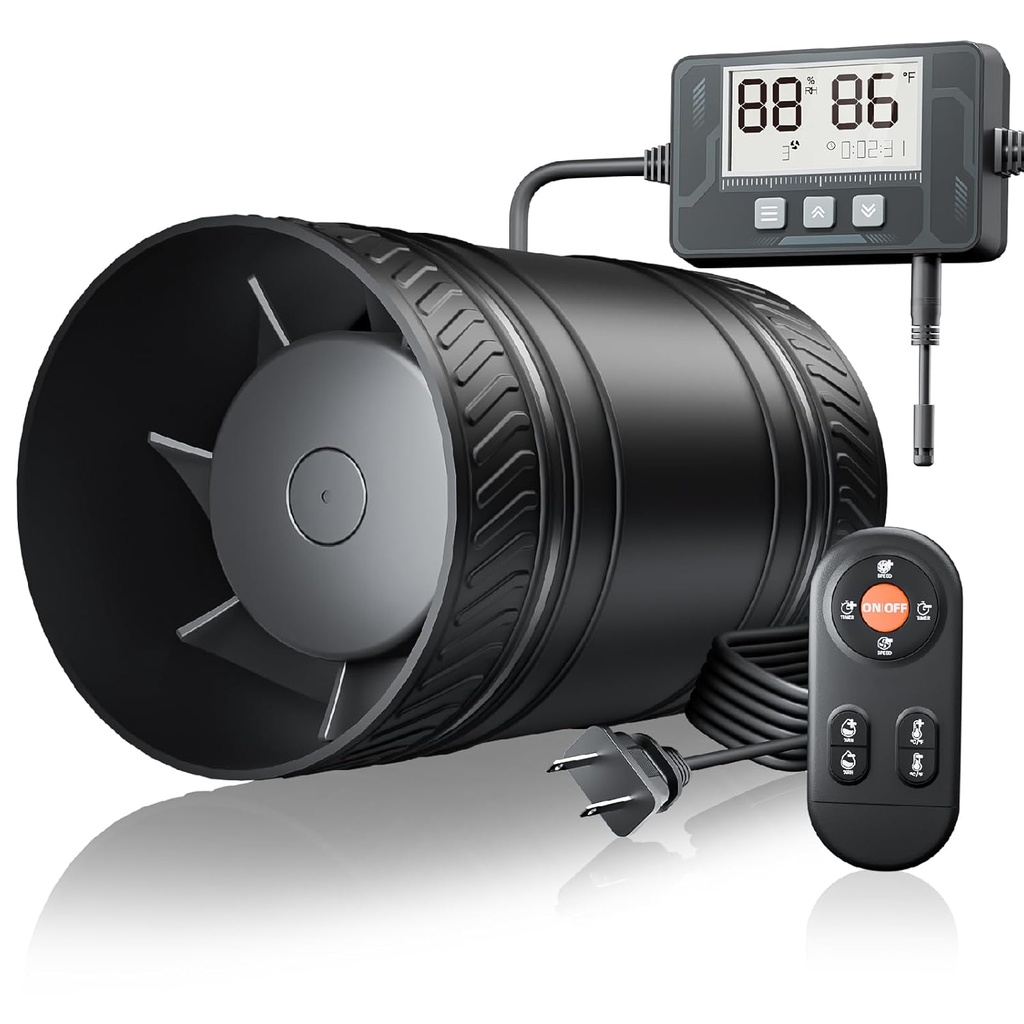 4 Inch Inline Duct Fan with Humidity Sensor and Remote, Upgraded 3 Speed Timer Humidity & Temperature, Low Noise HVAC Ventilation Fan in Basement Bathroom Workshop Attic FP128A