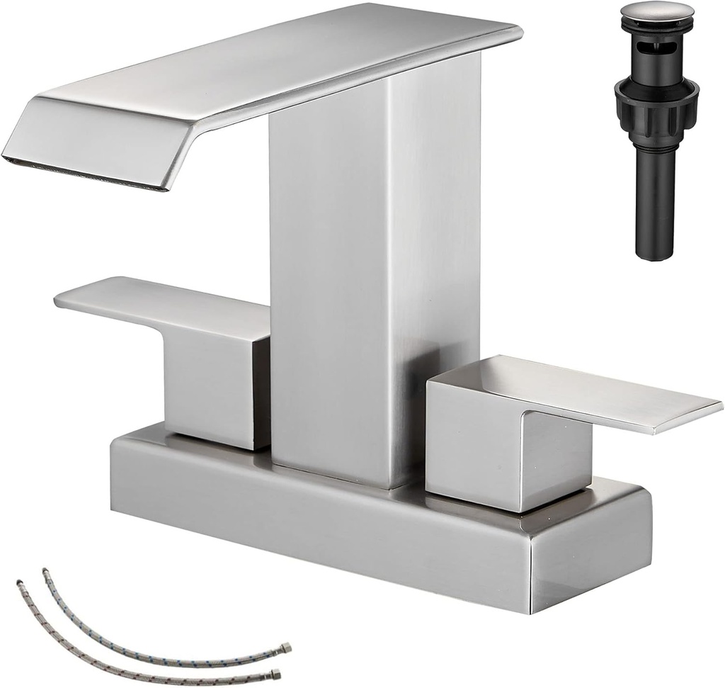 GGStudy Bathroom Faucet Brushed Nickel Modern 2 Handles 4 Inches Centerset RV Waterfall Bathroom Vanity Faucet with Drain Assembly