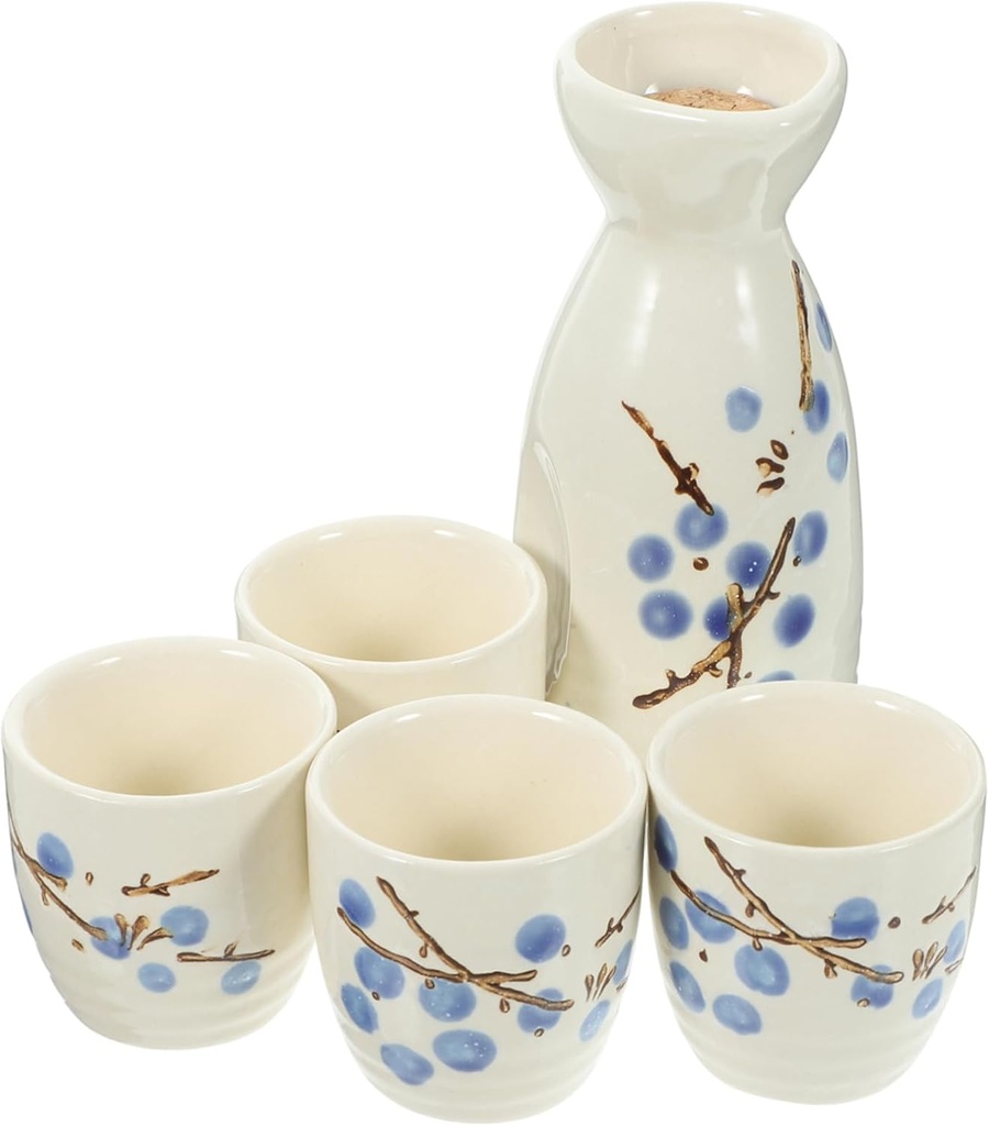 Alipis Plum Blossom Sake Set 5-Piece Glazed Ceramic Sake Pot and Cups for Home Entertaining Traditional Japanese Drinkware