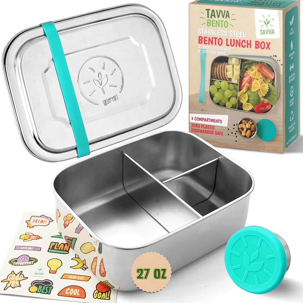 TAVVA Stainless Steel Bento Box for Kids [27oz] - Stainless Steel Lunch Box for Kids with Leakproof Condiment Container - 3 Compartment Snack Organizer for On the Go Meals - Freezer & Dishwasher Safe