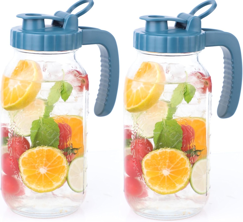 64 Oz Glass Pitcher With Lid 2 Set Half Gallon Wide Mouth Mason Jar Cold Hot Water Pitcher 2 Quart Sun Tea Glass Jar For Outside For Fridge Lemonade, Beverage,Milk,Juice, Cold Brew Iced Tea Container