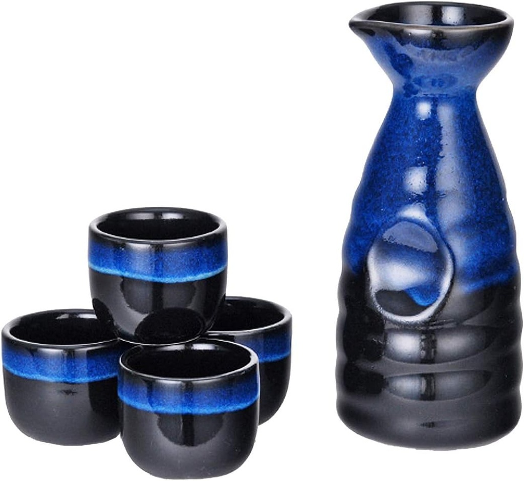 Happy Sales, Perfect 5 pc Japanese Design Ceramic Sake set (BlueOceanBlack)