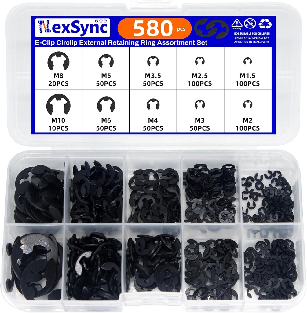 ‌NexSync 580Pcs E-Clip Assortment Kit - 65Mn Steel Snap Rings Set (10 SAE Sizes M1.5-M10) for Automotive & Machinery - External Retaining Rings