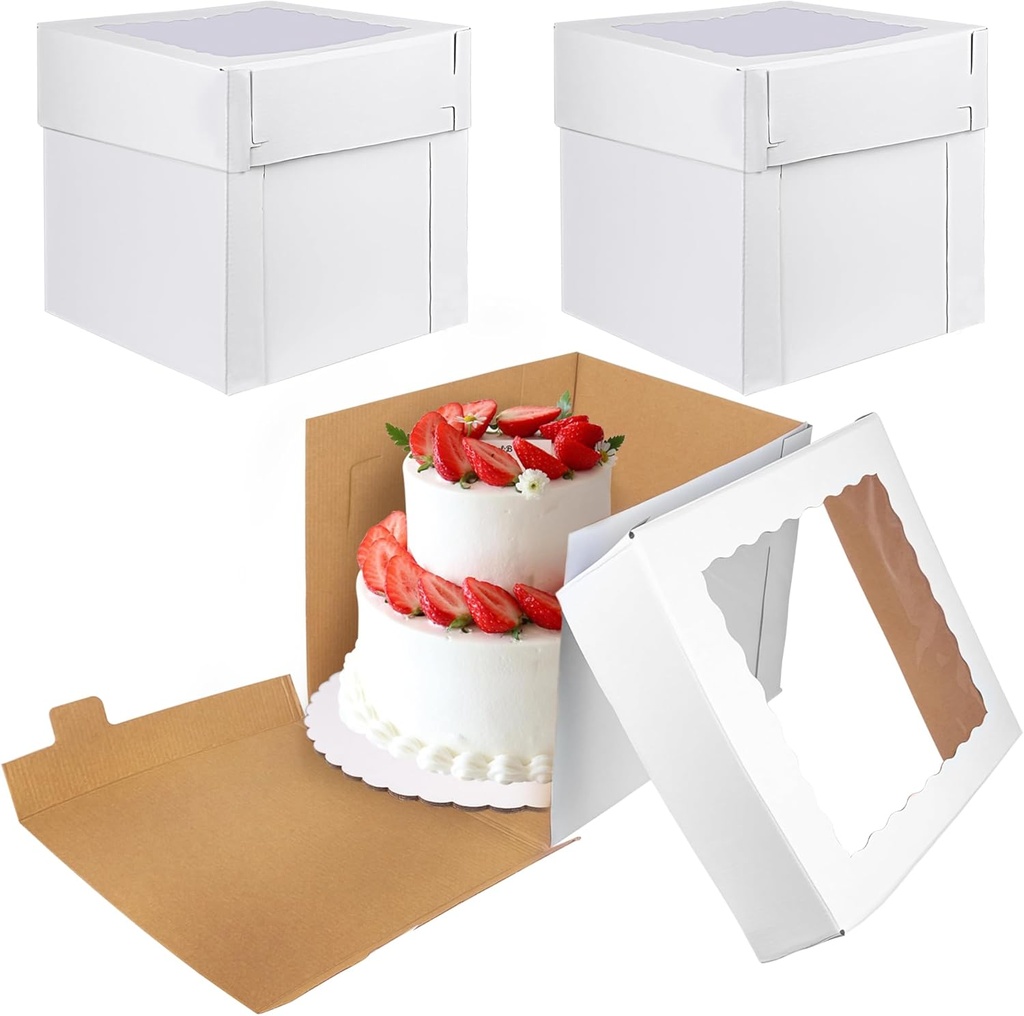 KEEPARTY 3 PCS White Tall Cake Boxes 14x14x12 inch with Window White Disposable Baking Box Container Wedding Cake Carrier