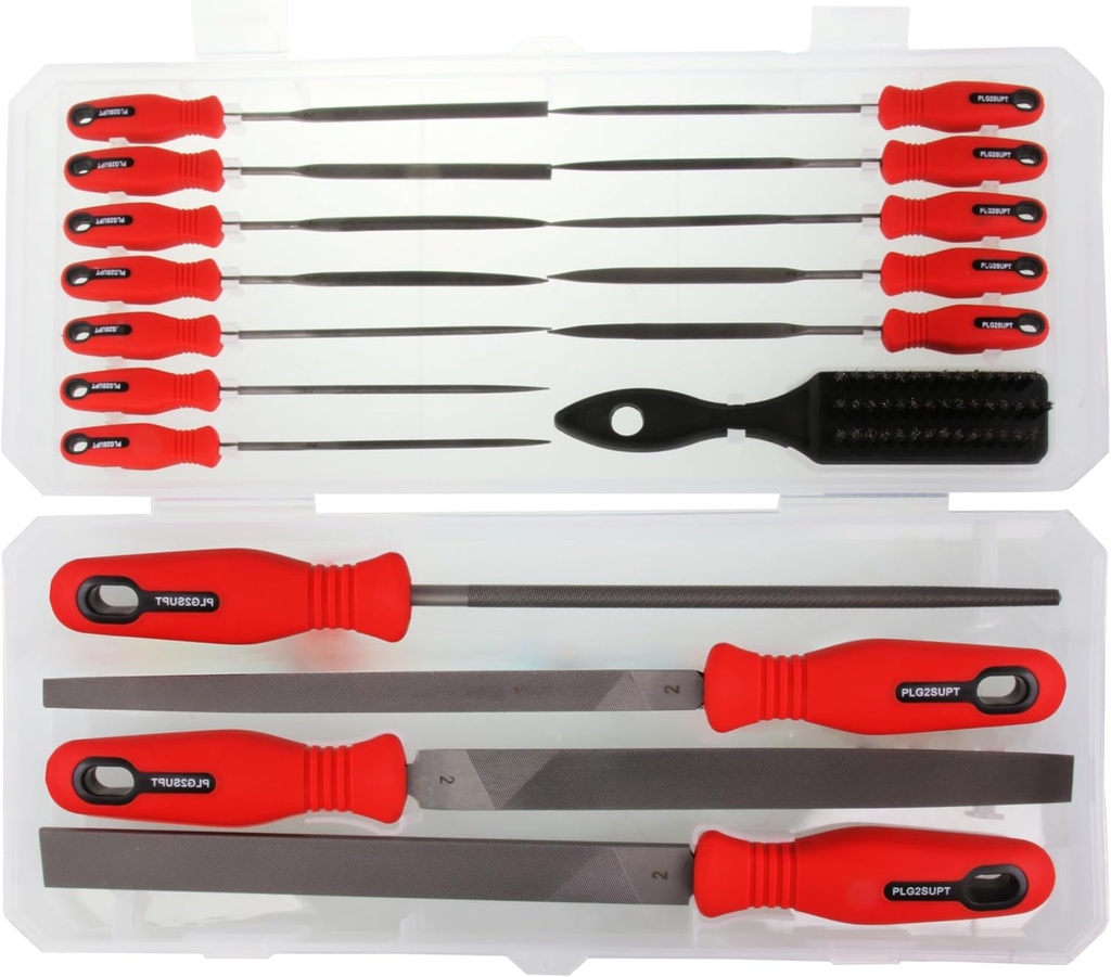Plg2Sup 17PCs Metal File Set, Metal Files for Steel, GCr15 12 Needle Files and T12 4 Matal Files with Case, 1 Steel Brush, 1 Plastic Box, File Sets for Wood and Metal, for Metalworking & Woodworking