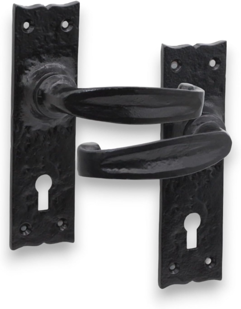 Infinity Decor Pair of Antique Black Isabella Lever Door Handle on Backplate – Wrought Iron Key Lock Door Handle Pack for Internal and External Use