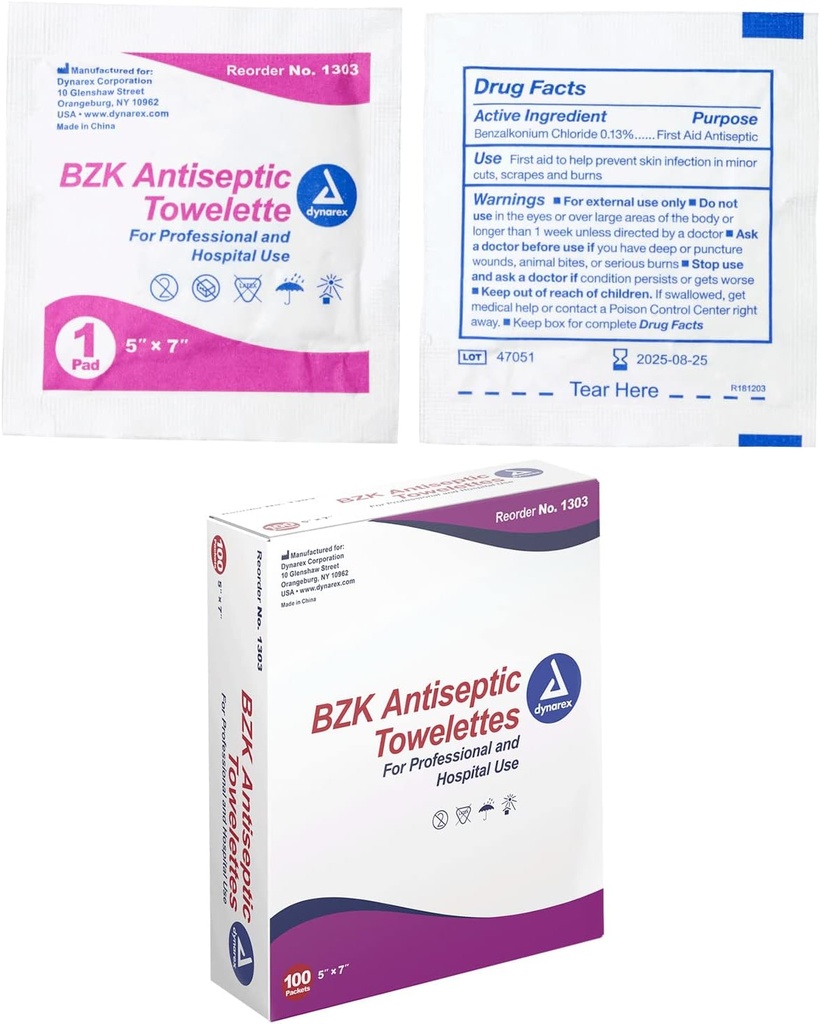 Dynarex BZK Antiseptic Towelettes, Moist Sanitizing Towelettes Designed to Prevent Infection in Minor Wounds, 5x7, Disposable & Individually Wrapped, 1 Box of 100 (Packaging May Vary)
